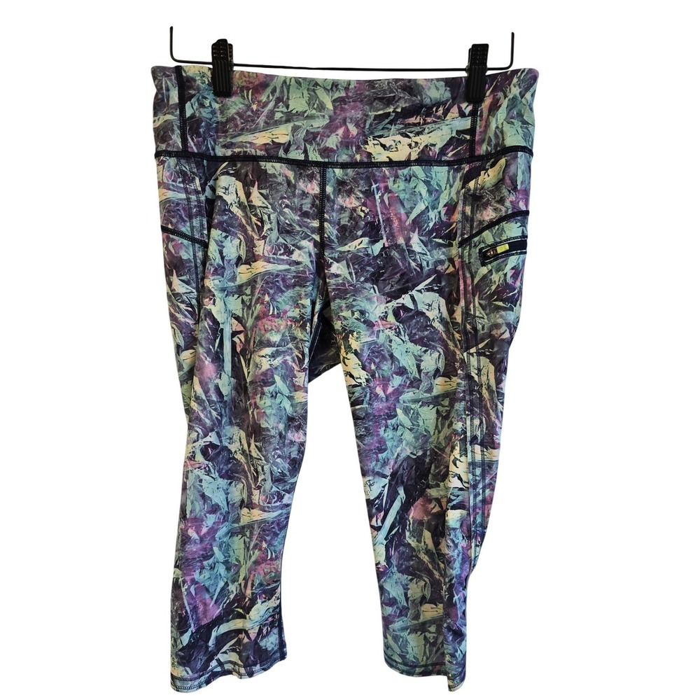 Lululemon Purple Teal Abstract Print Cropped Leggings Size 10 High Rise Pockets